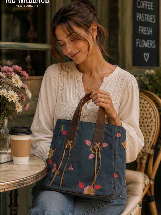 MZ Wallace Handbags - MZ Wallace Vintage Blue Floral Embroidered Canvas Tote Bag Leather Trim bohochic